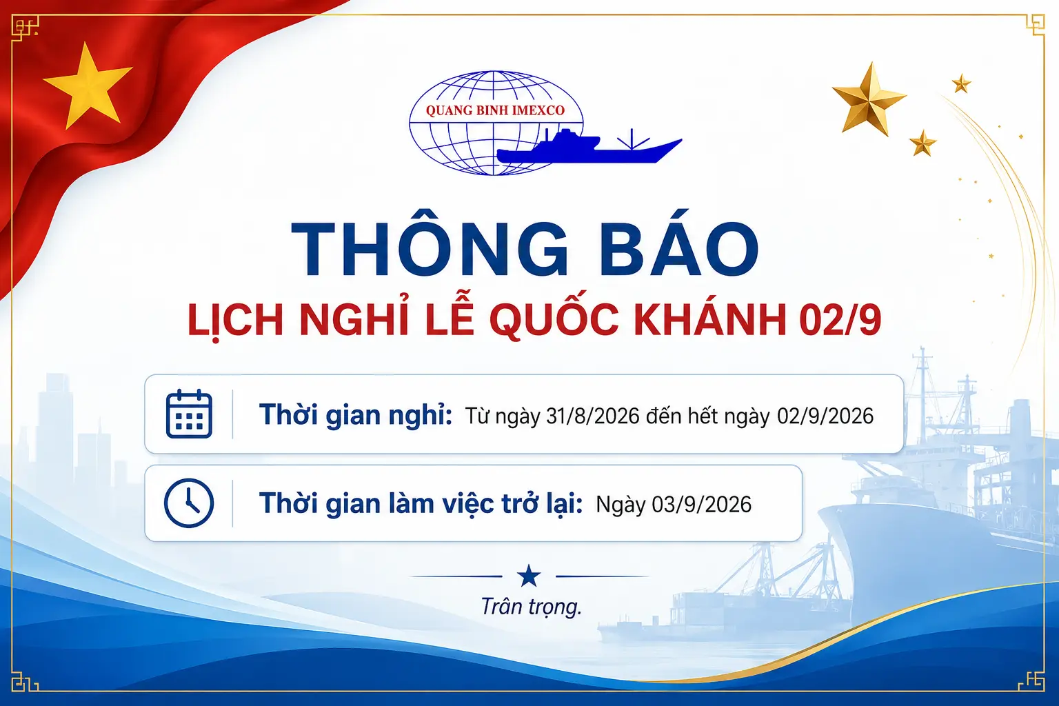 QUANG BINH IMEXCO THÔNG BÁO LỊCH NGHỈ LỄ QUỐC KHÁNH 02/9